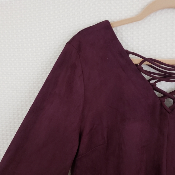 Gili Midi Dress Faux Suede Lace Up Neck Dress Wine Plum size Large Boho Retro - Picture 6 of 9